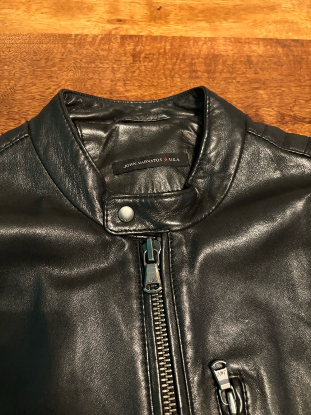 John Varvatos Black Leather Bomber Jacket - Picture 2 of 5